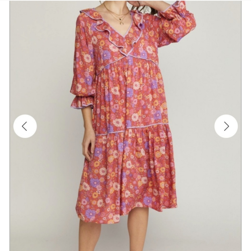 19. NWT entro Pink Floral Print Ruffle Midi Dress